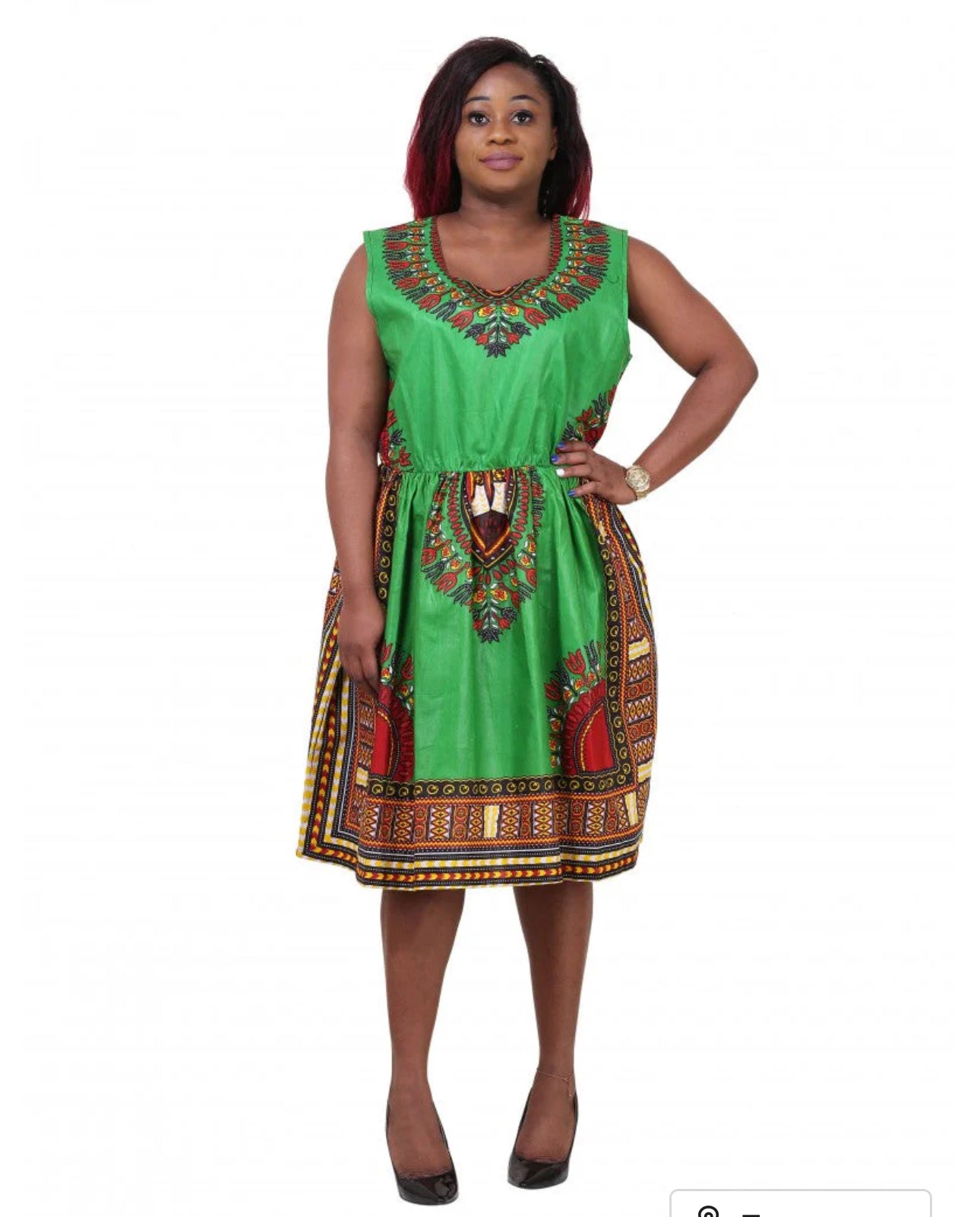 Sleeveless Dashiki Print Mid-Length Dress